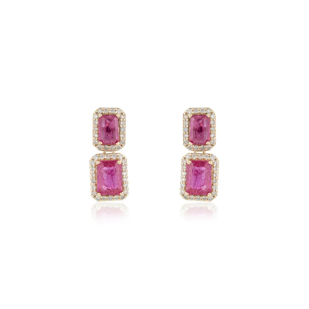 Latest Design 14K Solid Yellow Gold Ruby & Diamond Halo Drop Earrings Anniversary Gift