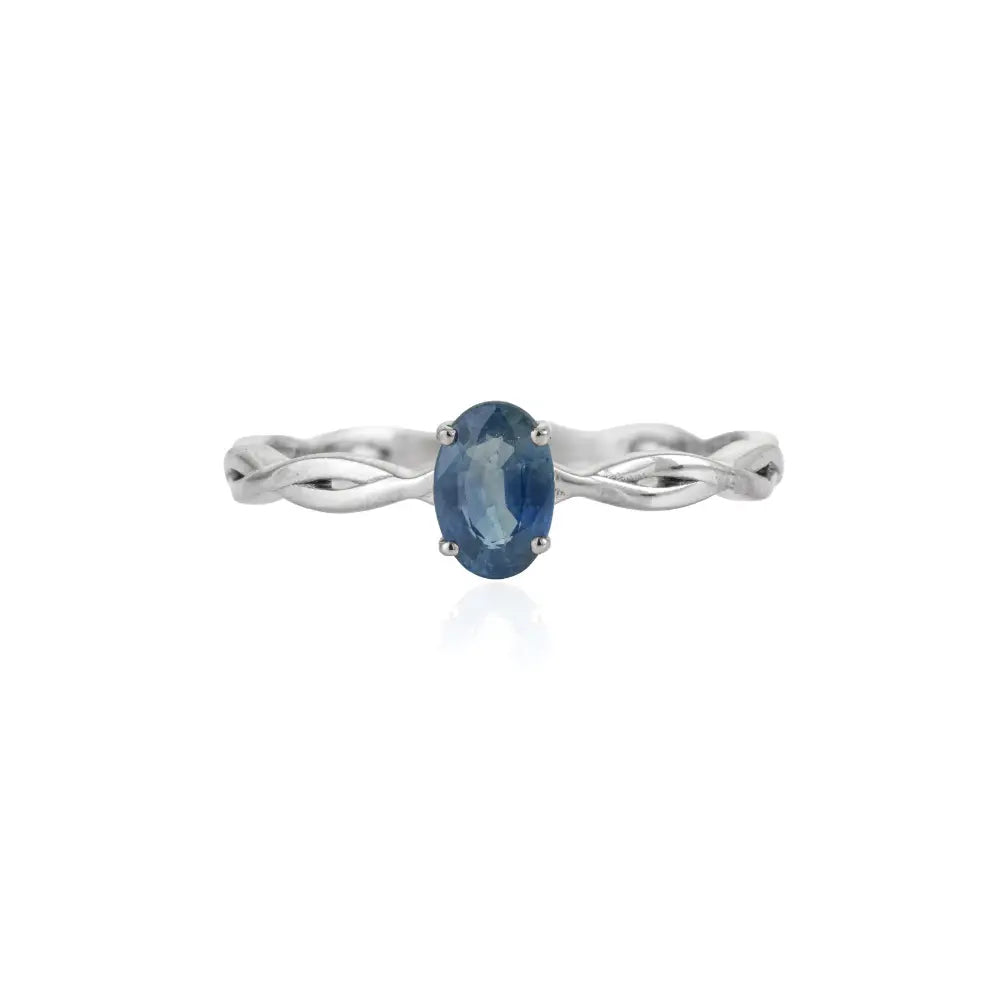 Simple Design Blue Sapphire Twisted Band Single Stone Ring 14K Solid White Gold Fine Jewelry