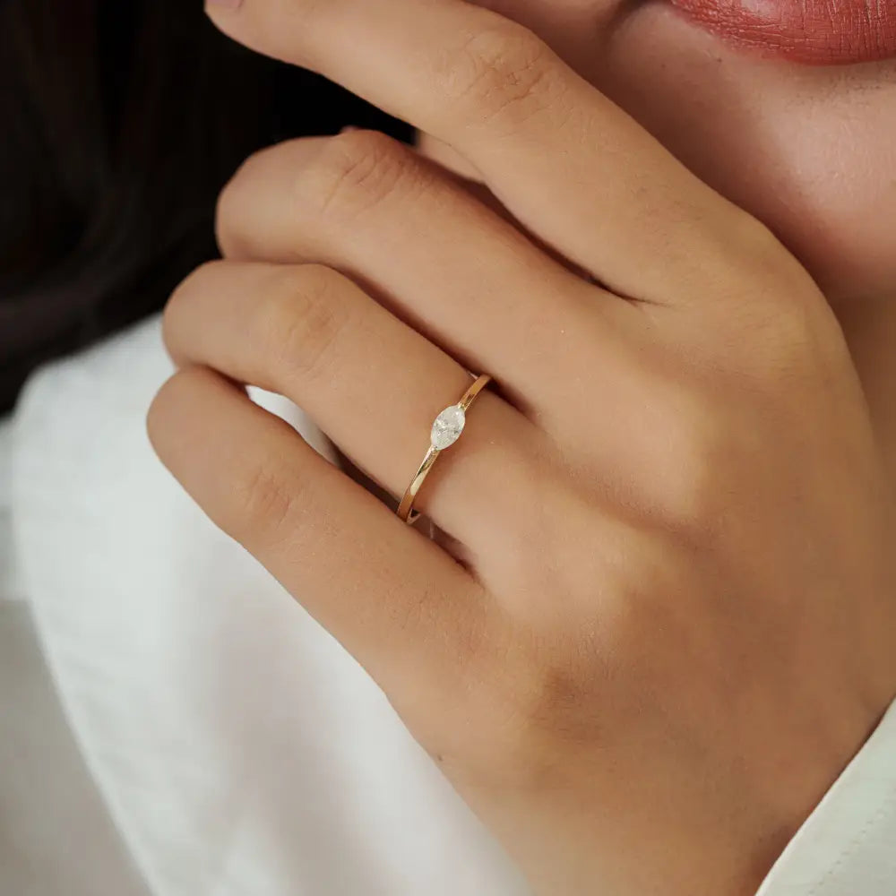 Marquise Shape Real Diamond K14 Yellow Gold Stacking Tiny Engagement Ring Bulk Jewelry