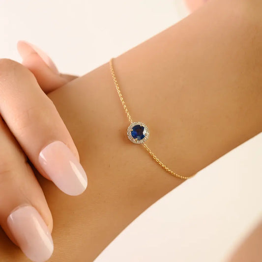 Precious Gemstone Round Cut Blue Sapphire & Diamond Halo Single Stone Bracelet 14K Gold