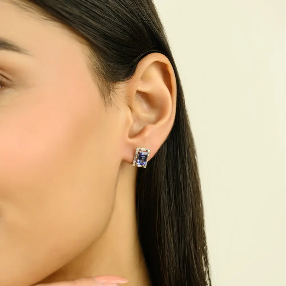 Elegant & Classic Style Tanzanite & Diamond 14K Solid White Gold Halo Stud Earrings