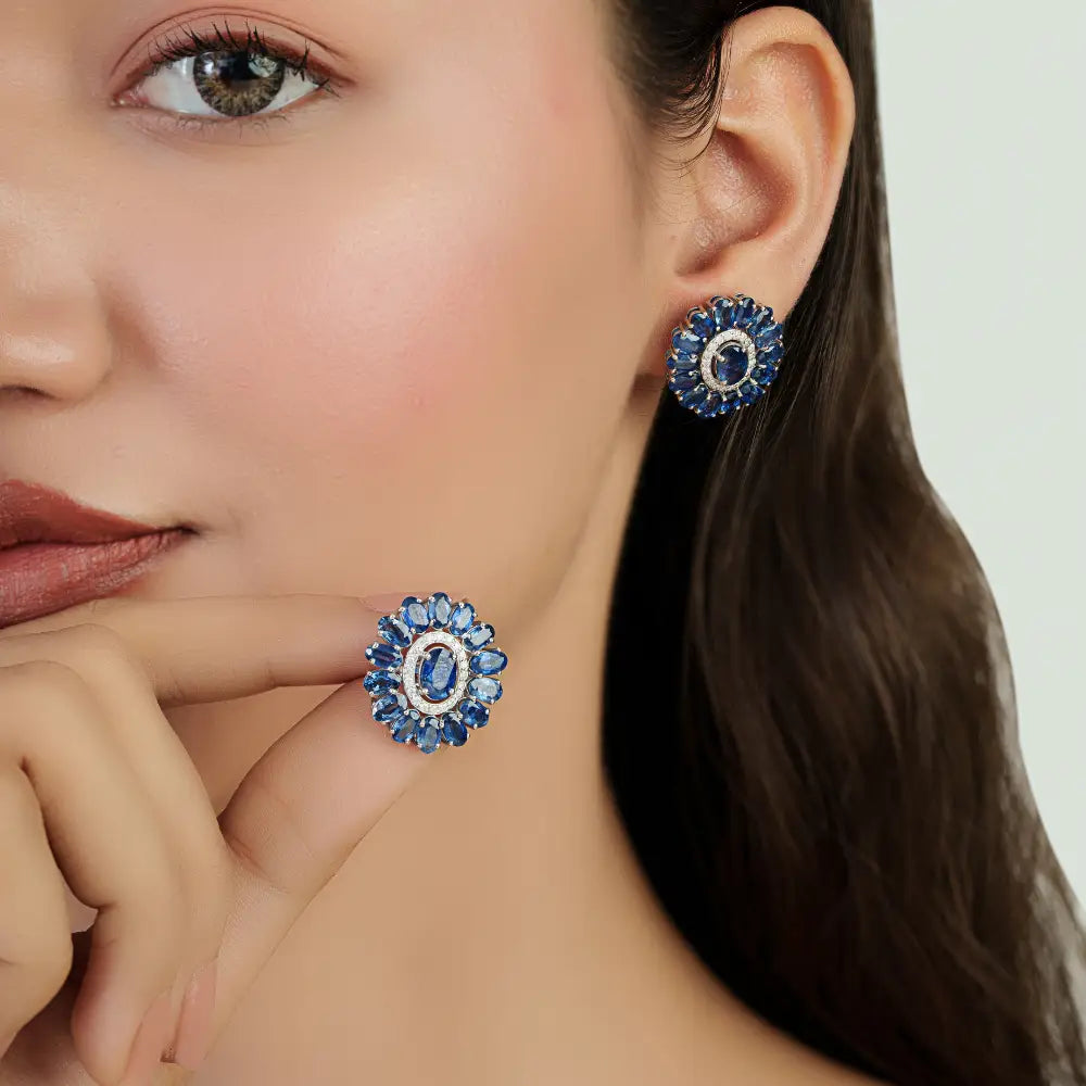 Blue Sapphire & Diamond Halo Flower Shape Stud Earrings For Wedding 14K Real White Gold