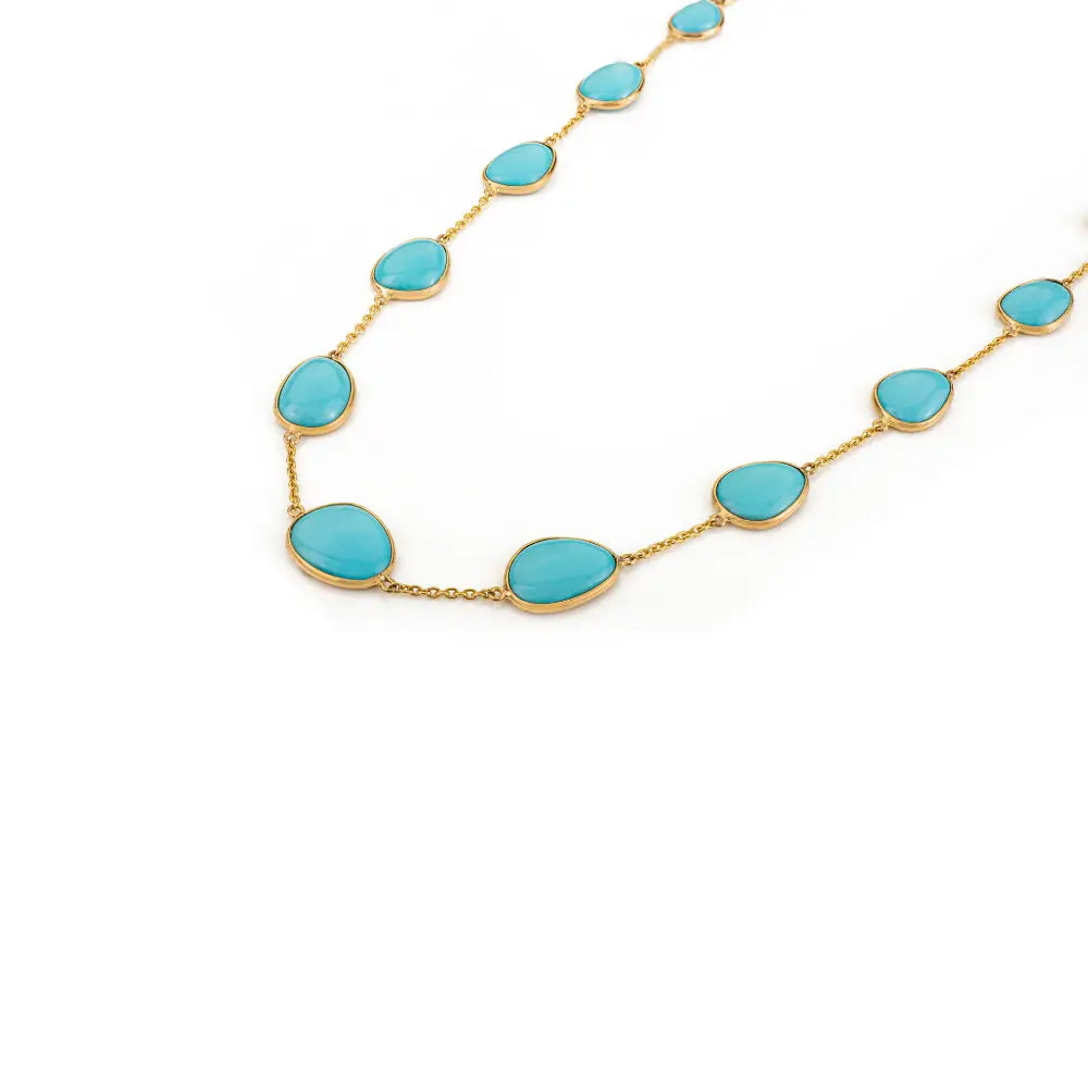 Bezel Set Turquoise Gemstone Station Chain Necklace Stacking Jewelry 14K Solid Yellow Gold