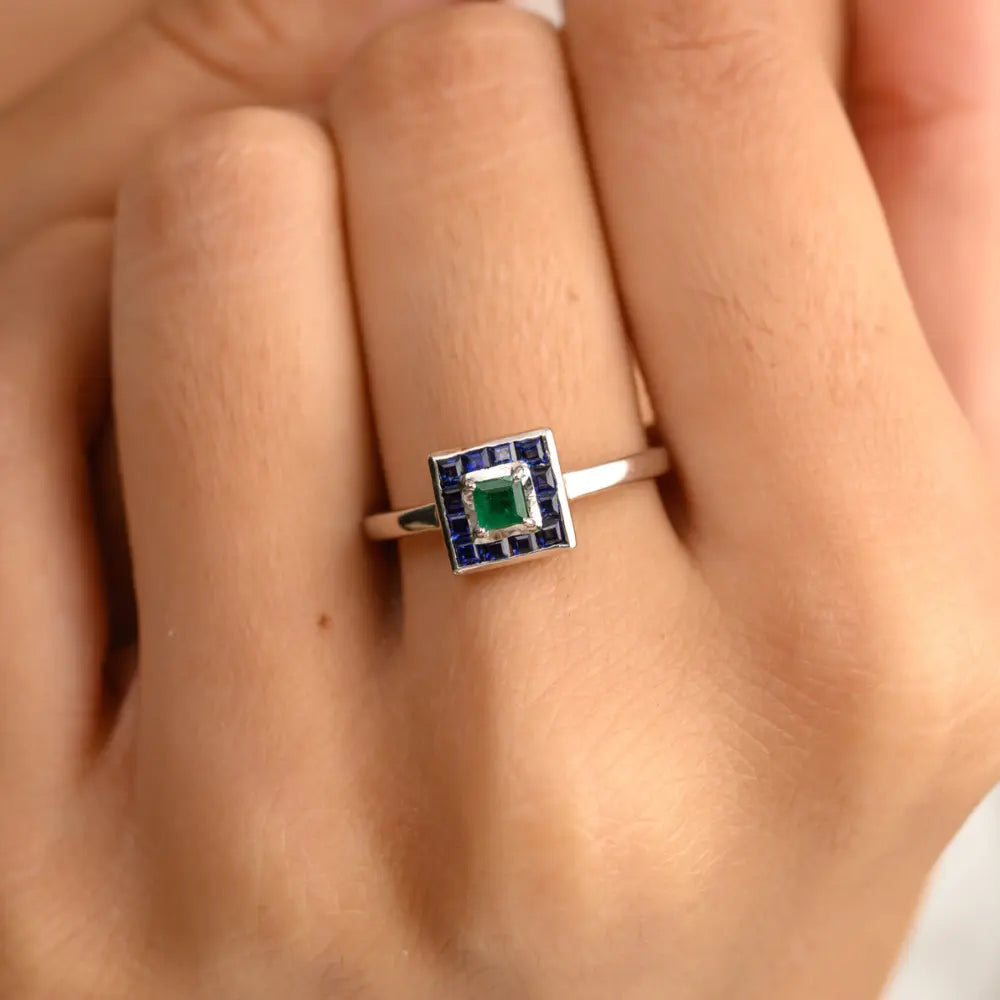 Custom Jewelry Natural Emerald & Blue Sapphire 14K Solid White Gold Square Ring