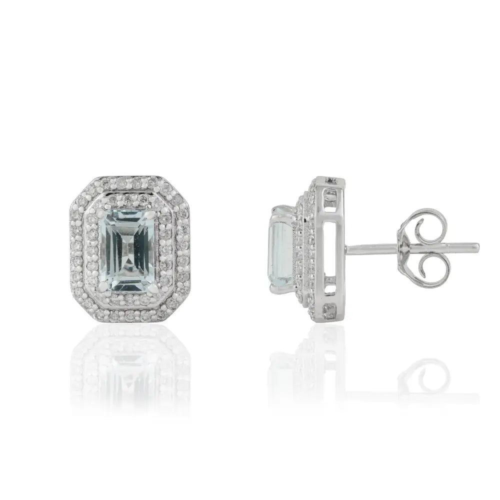 Prong Set Aquamarine & Diamond Double Cluster Stud Earrings Handmade 14K Real White Gold
