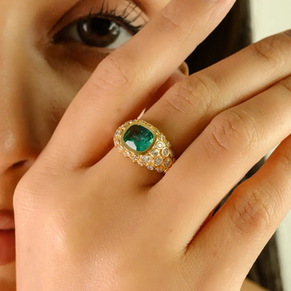 Bezel Set Emerald & Diamond Chunky Dome Ring Wedding 18K Yellow Gold Jewelry Manufacturer