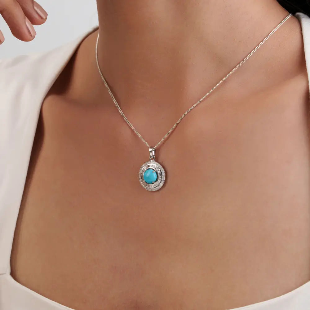 Best Seller 8mm Round Cut Turquoise & Diamond 14K Real White Gold Double Cluster Pendant