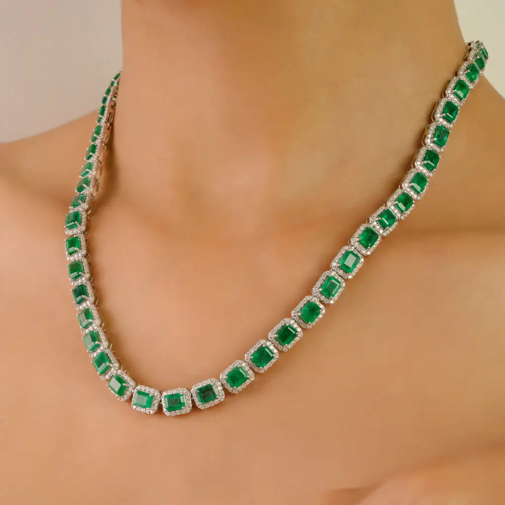 Real Gemstone Emerald & Diamond Halo Tennis Necklace K14 White Gold Statement Jewelry