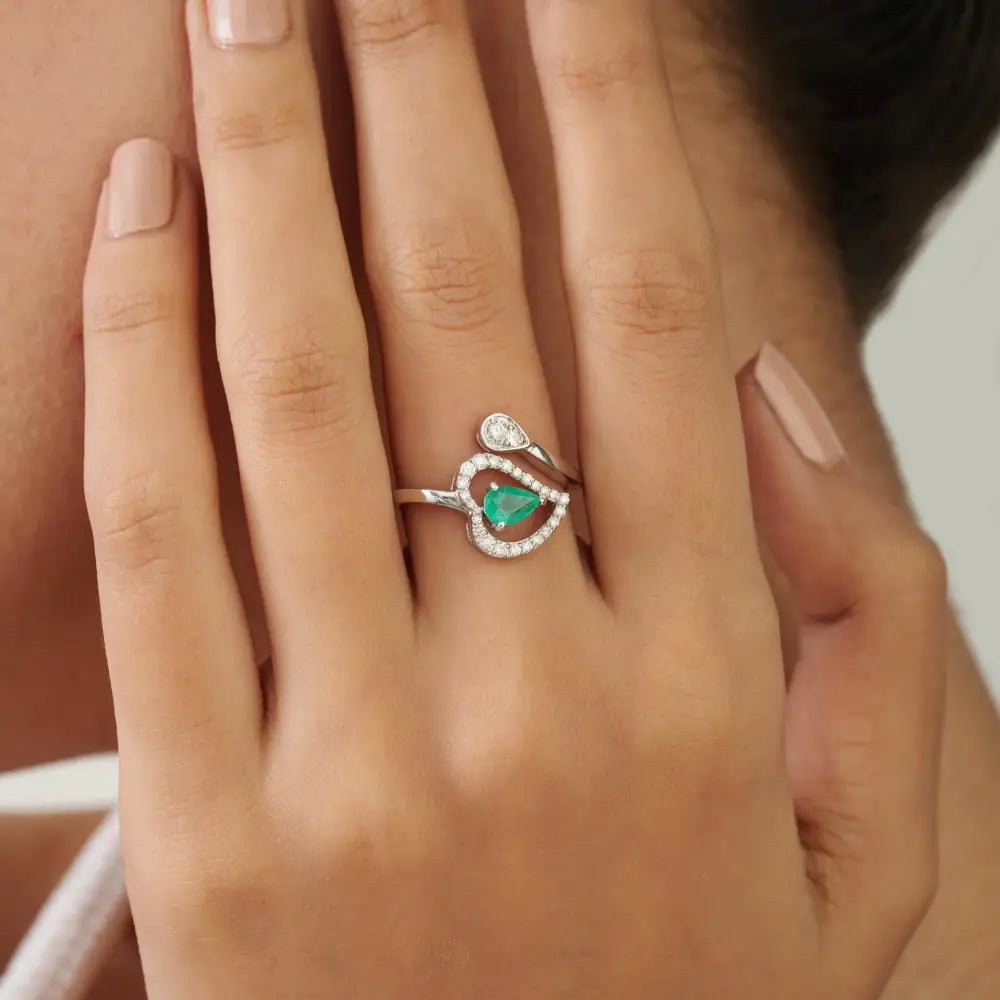 14K White Gold Pear Emerald & Diamond Halo Heart Bypass Ring Unique Design Jewelry