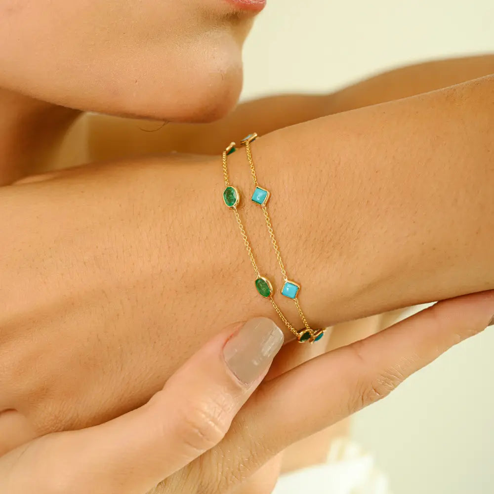 Light Weight Simple Real K14 Yellow Gold Emerald Stacking Station Chain Bracelet For Unisex