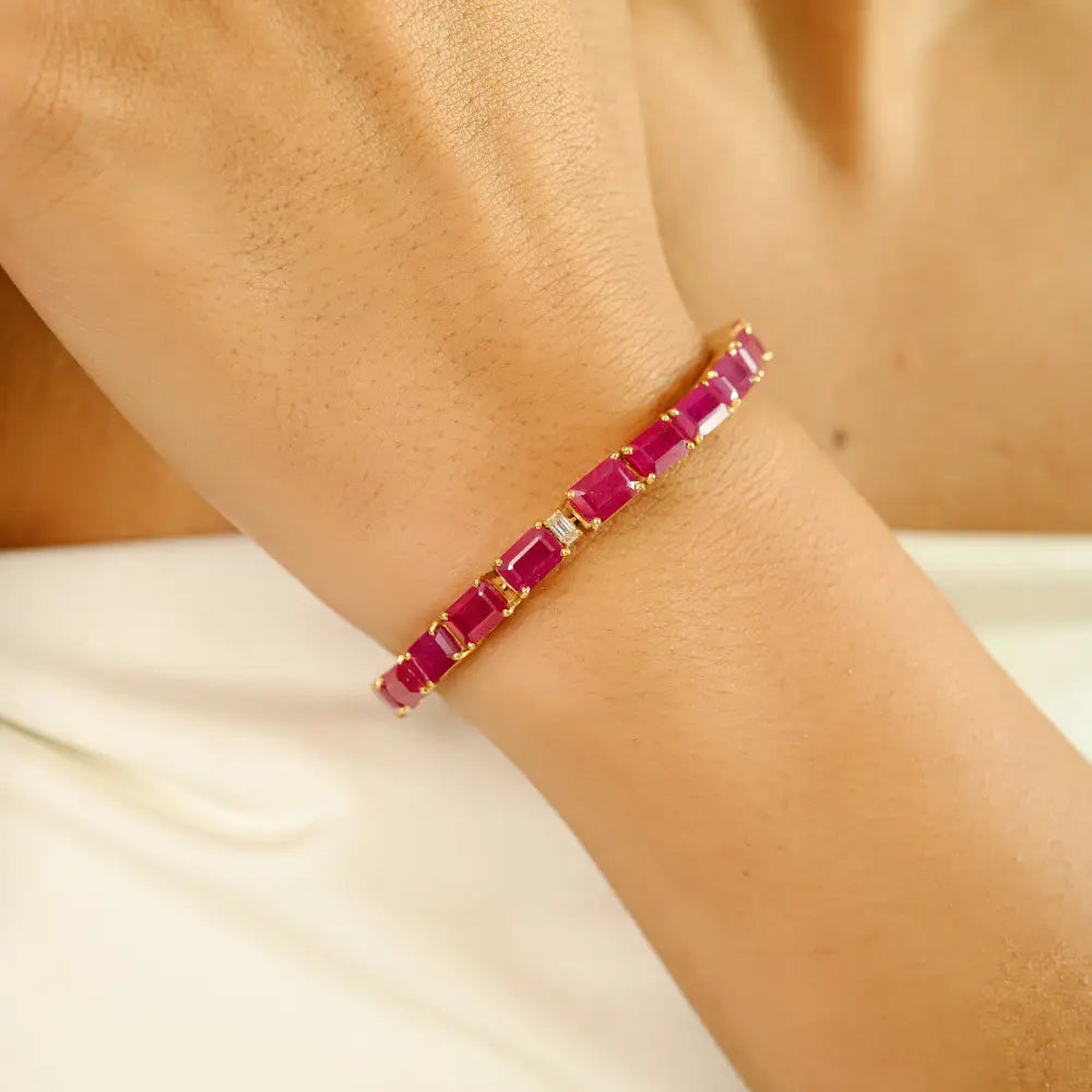 Gorgeous Fine Real Ruby & Diamond Statement Tennis Bracelet Pure 18K Yellow Gold Jewelry