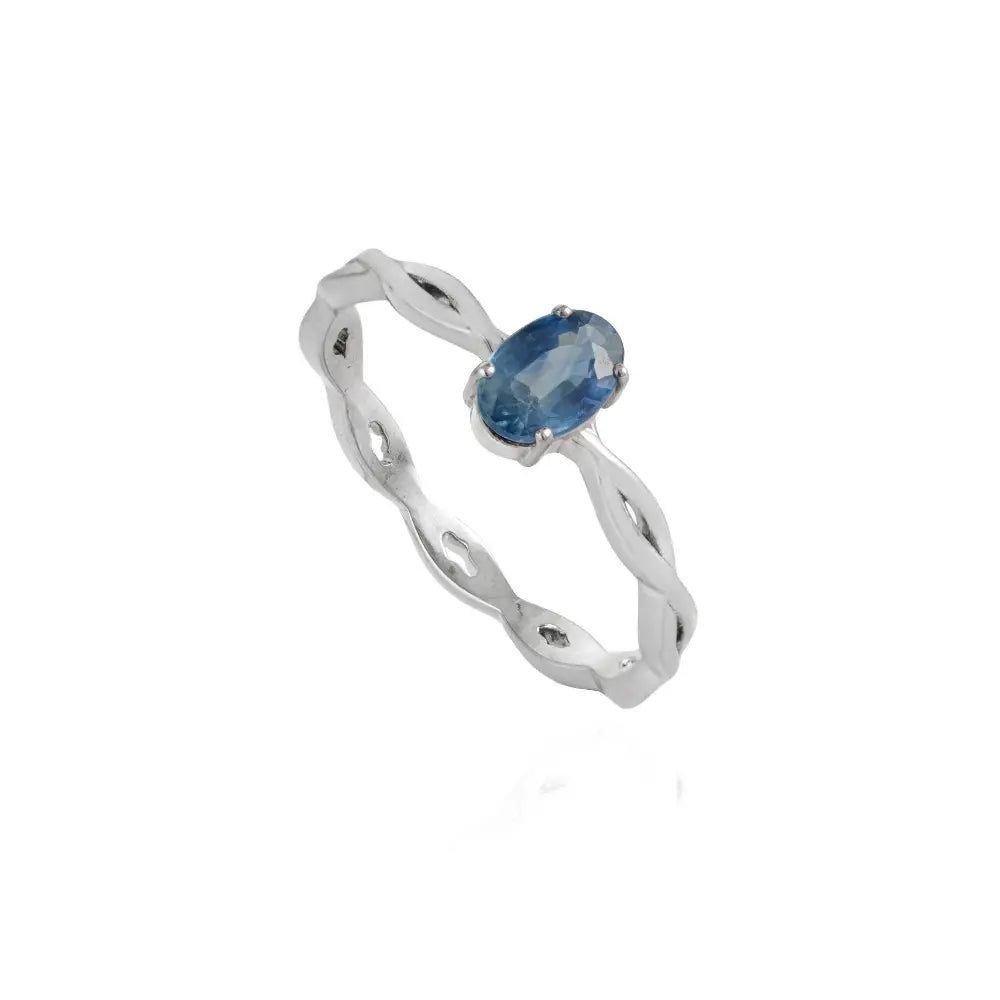Simple Design Blue Sapphire Twisted Band Single Stone Ring 14K Solid White Gold Fine Jewelry