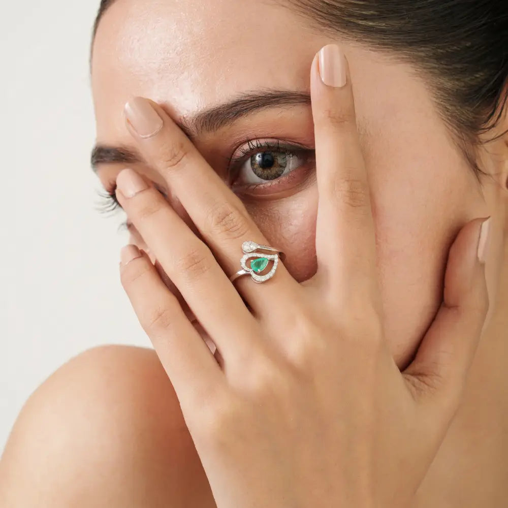 14K White Gold Pear Emerald & Diamond Halo Heart Bypass Ring Unique Design Jewelry