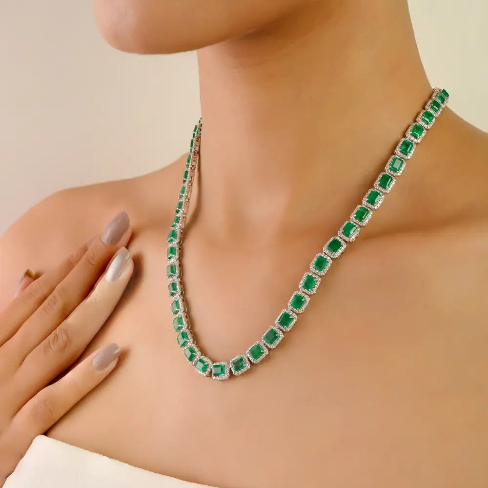 Real Gemstone Emerald & Diamond Halo Tennis Necklace K14 White Gold Statement Jewelry