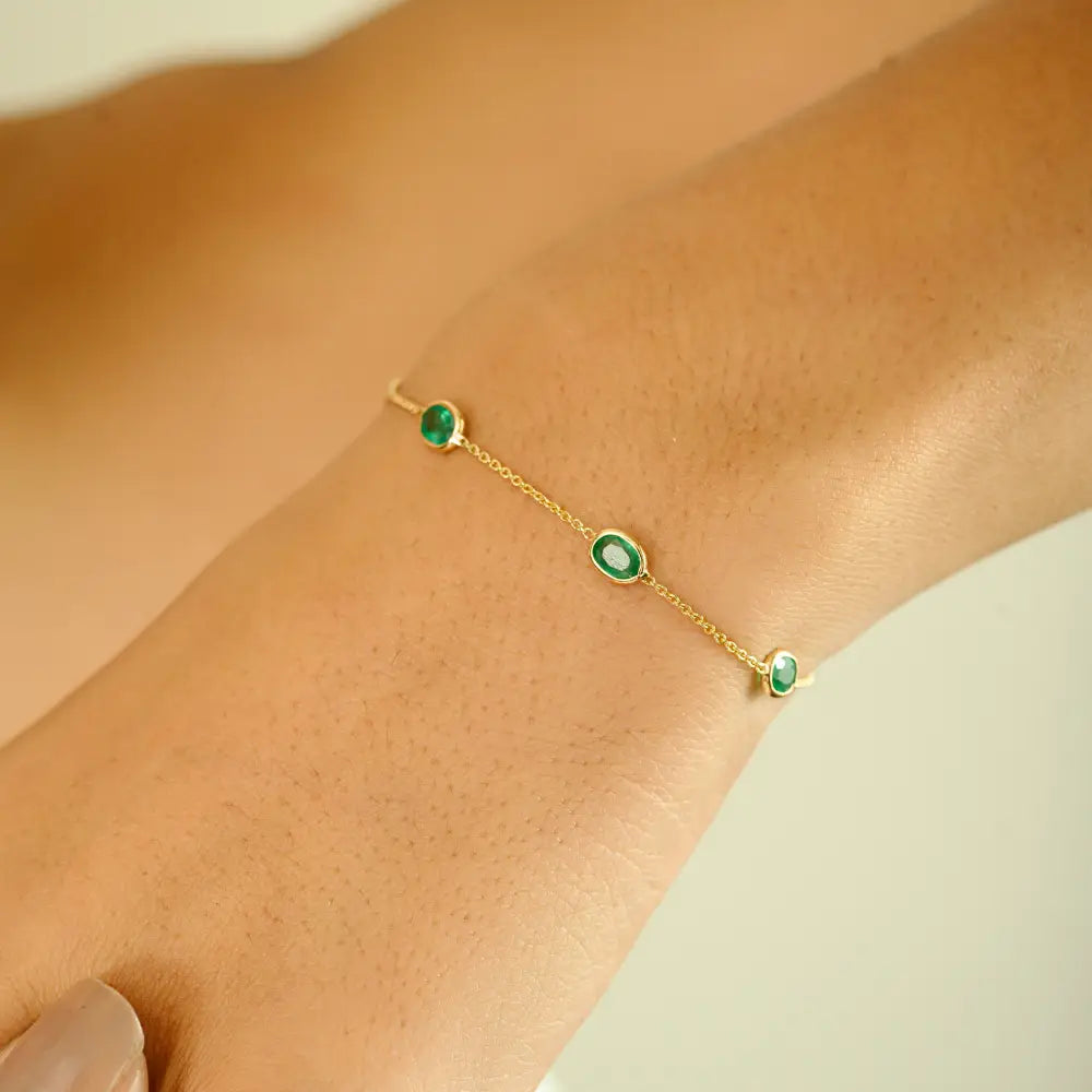 Light Weight Simple Real K14 Yellow Gold Emerald Stacking Station Chain Bracelet For Unisex