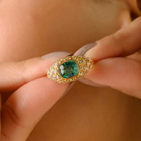 Bezel Set Emerald & Diamond Chunky Dome Ring Wedding 18K Yellow Gold Jewelry Manufacturer