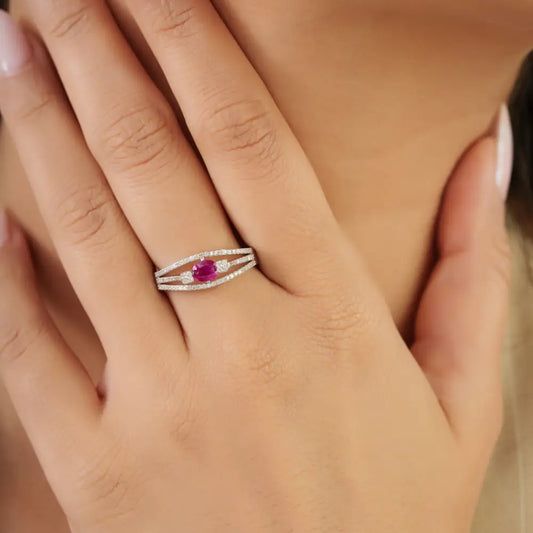 Precious Gemstone Ruby & Diamond Triple Layer Engagement Ring K14 White Gold Jewelry