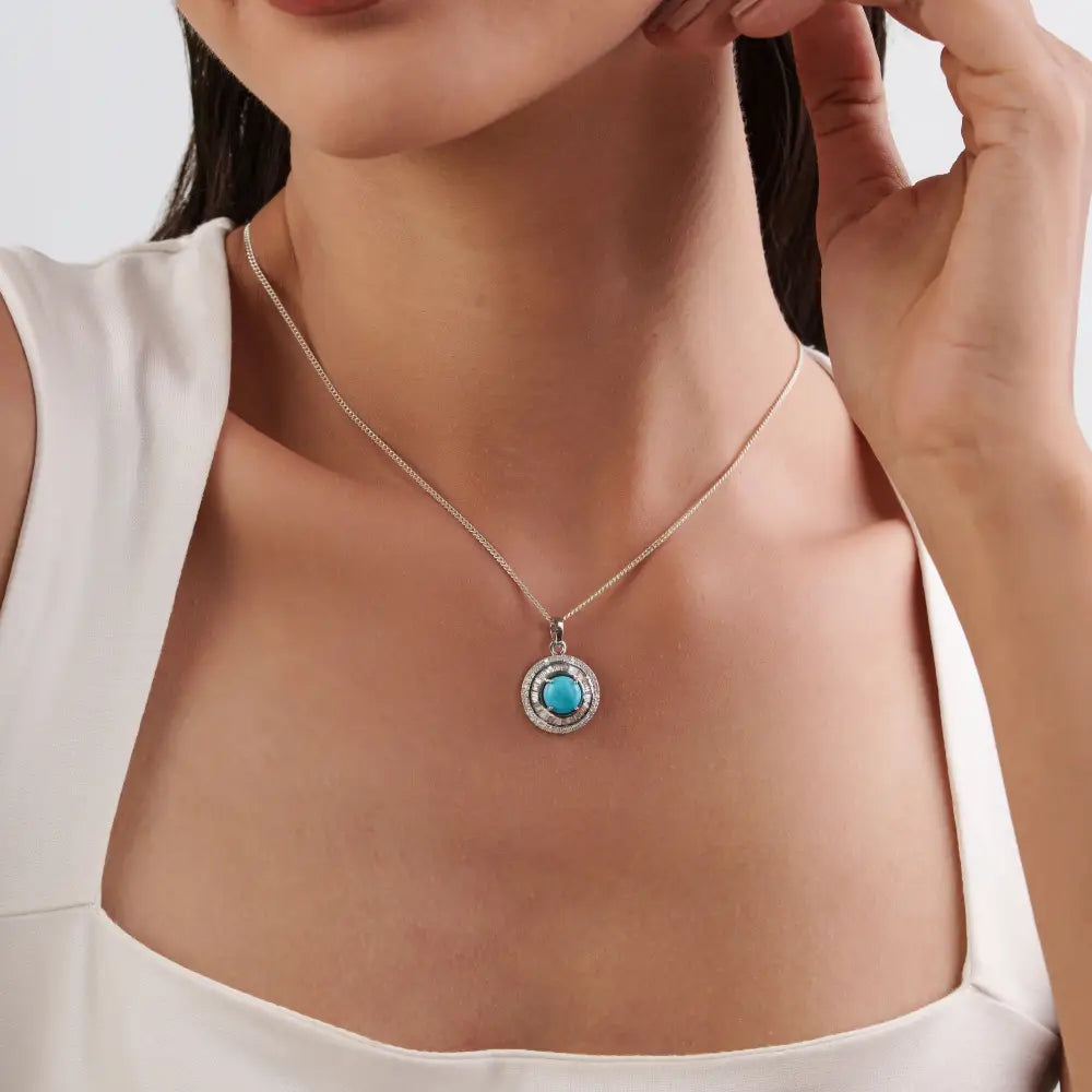 Best Seller 8mm Round Cut Turquoise & Diamond 14K Real White Gold Double Cluster Pendant
