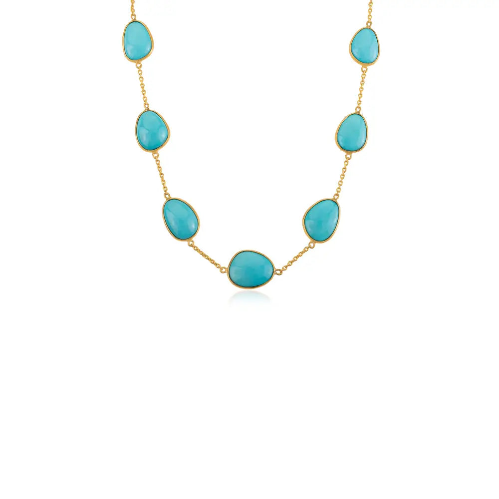 Bezel Set Turquoise Gemstone Station Chain Necklace Stacking Jewelry 14K Solid Yellow Gold