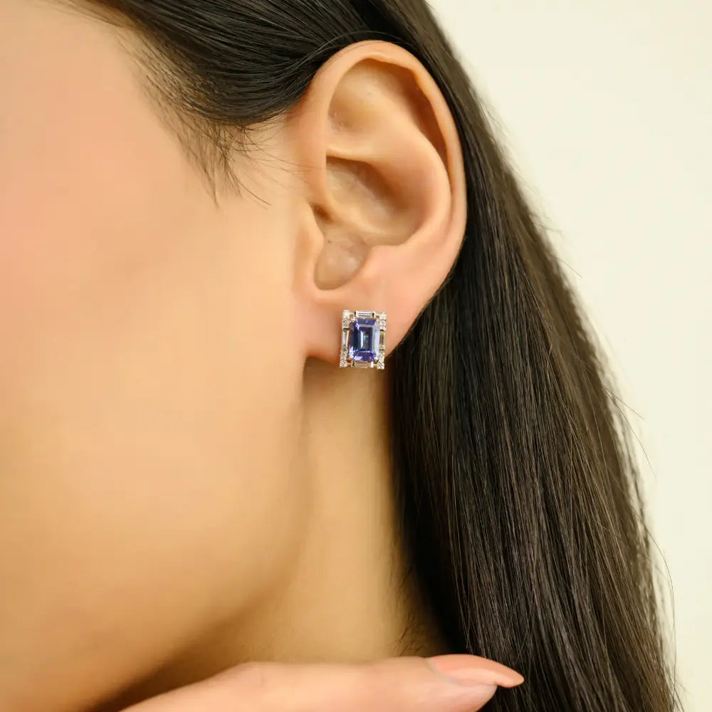 Elegant & Classic Style Tanzanite & Diamond 14K Solid White Gold Halo Stud Earrings