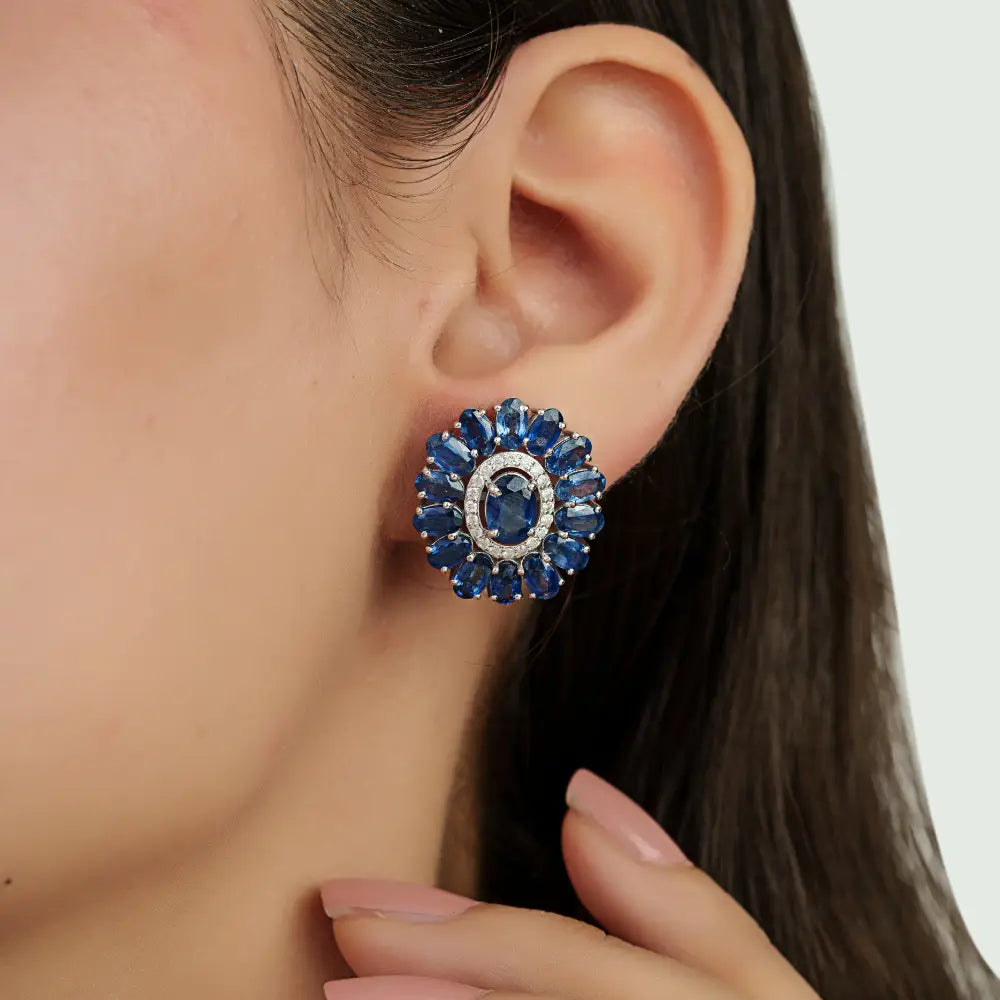 Blue Sapphire & Diamond Halo Flower Shape Stud Earrings For Wedding 14K Real White Gold
