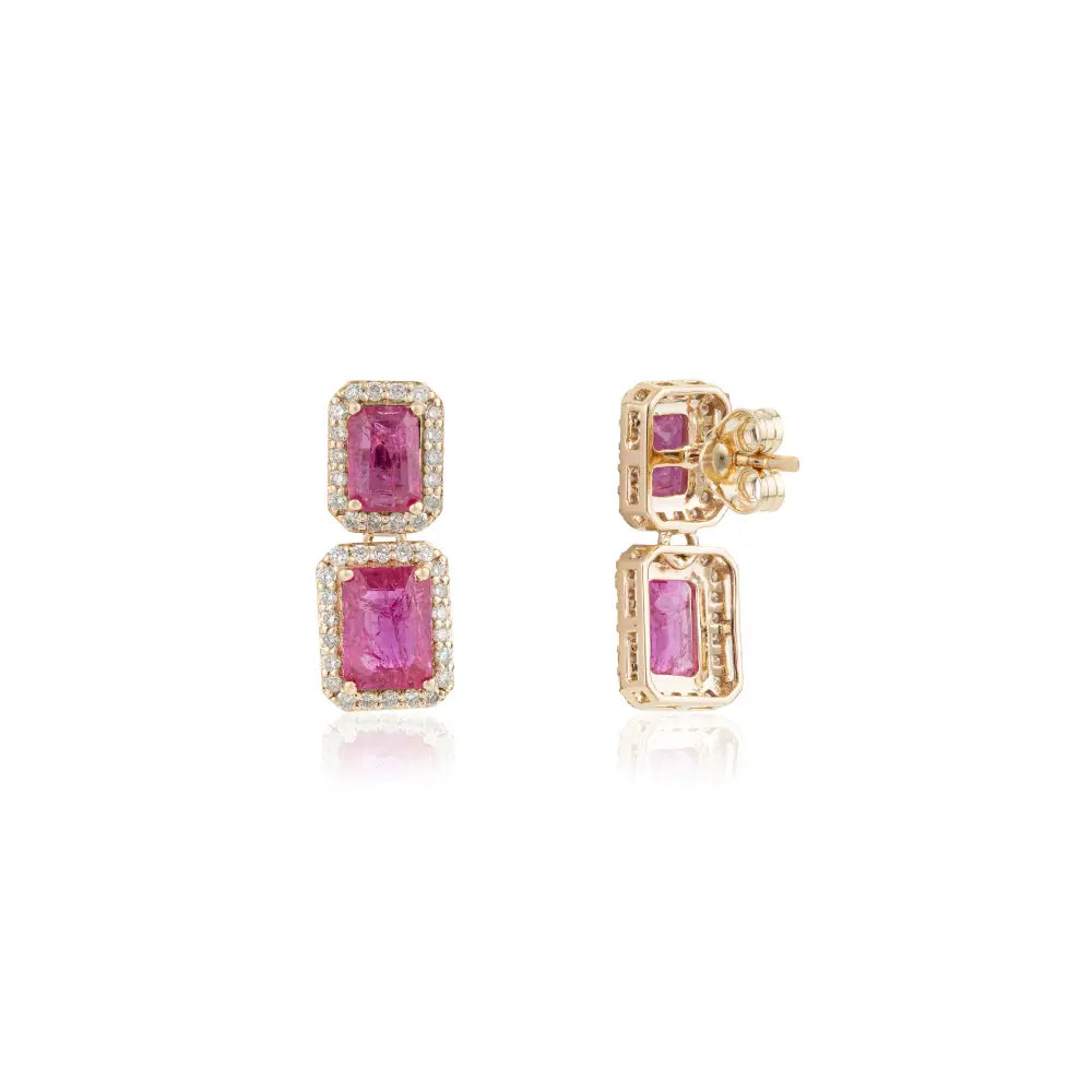 Latest Design 14K Solid Yellow Gold Ruby & Diamond Halo Drop Earrings Anniversary Gift