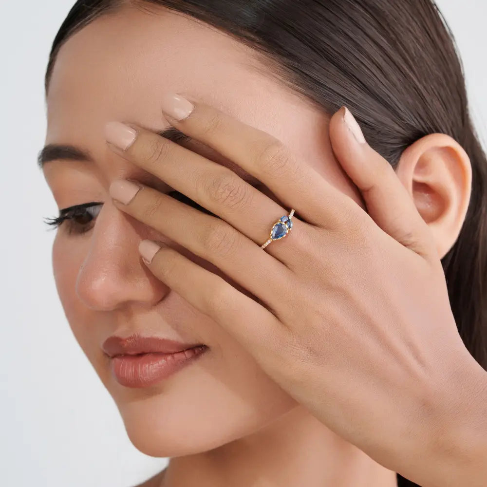 Simple Elegant Blue Sapphire & Diamond Three Stone Stacking Ring Solid 14K Yellow Gold