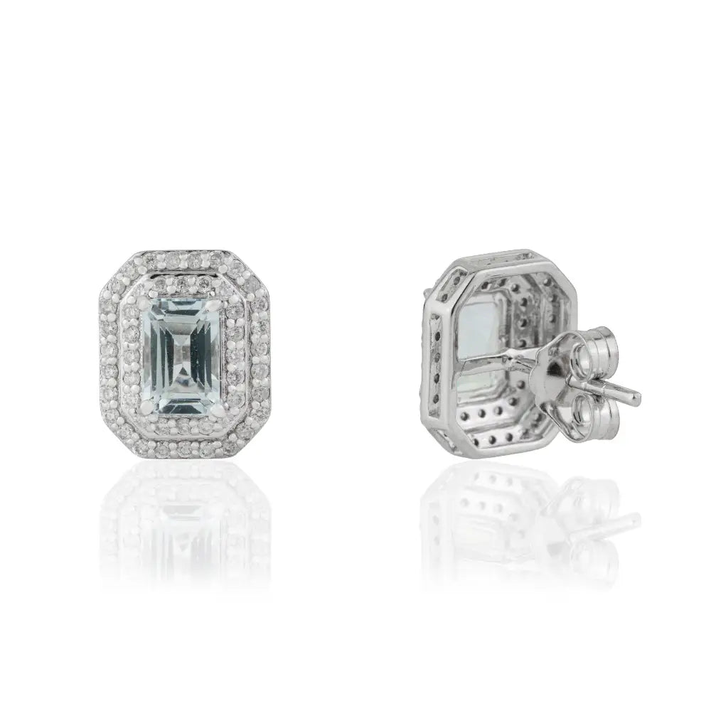 Prong Set Aquamarine & Diamond Double Cluster Stud Earrings Handmade 14K Real White Gold