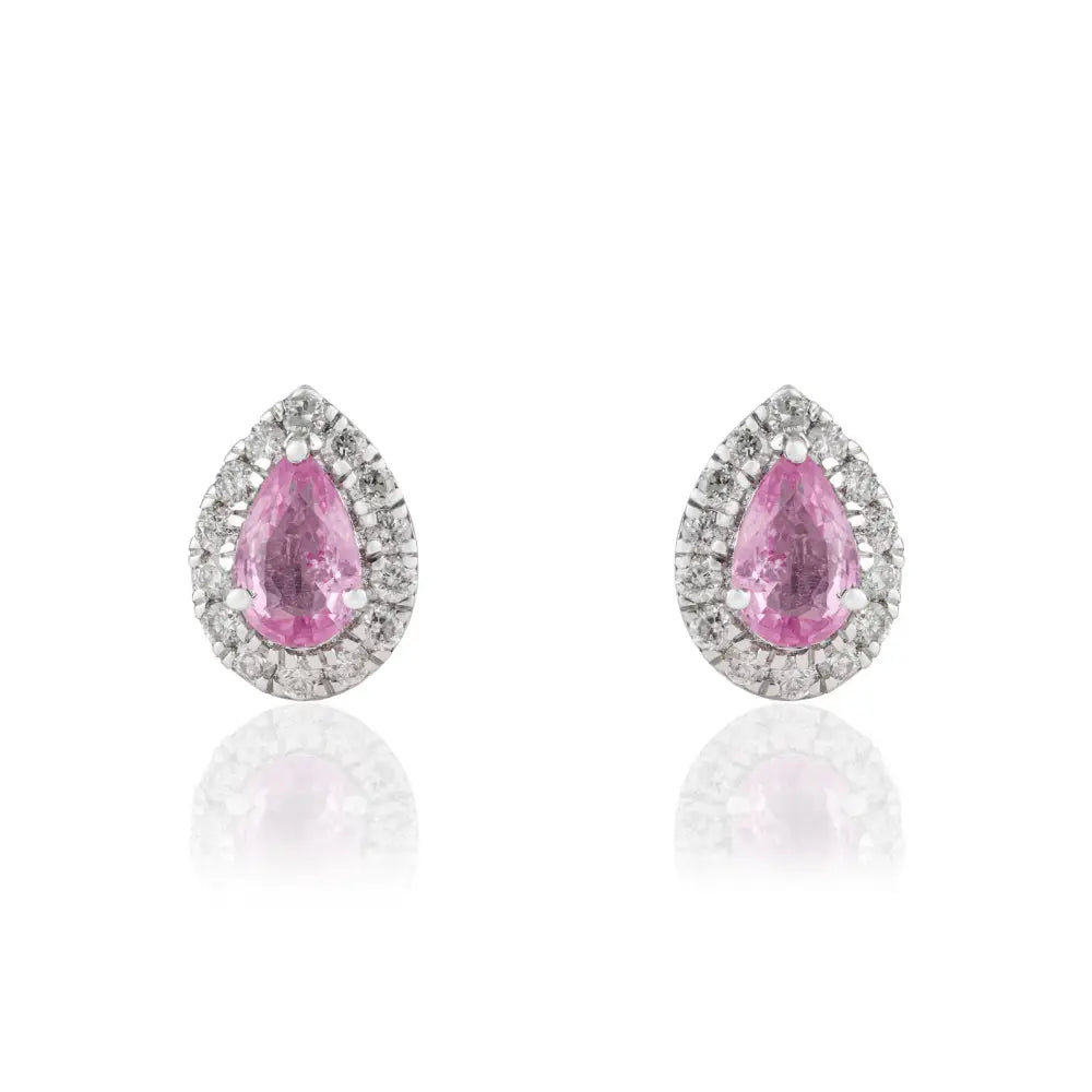 Newly Pink Sapphire & Diamond Solid K18 White Gold Small Halo Stud Earrings Fine Jewelry