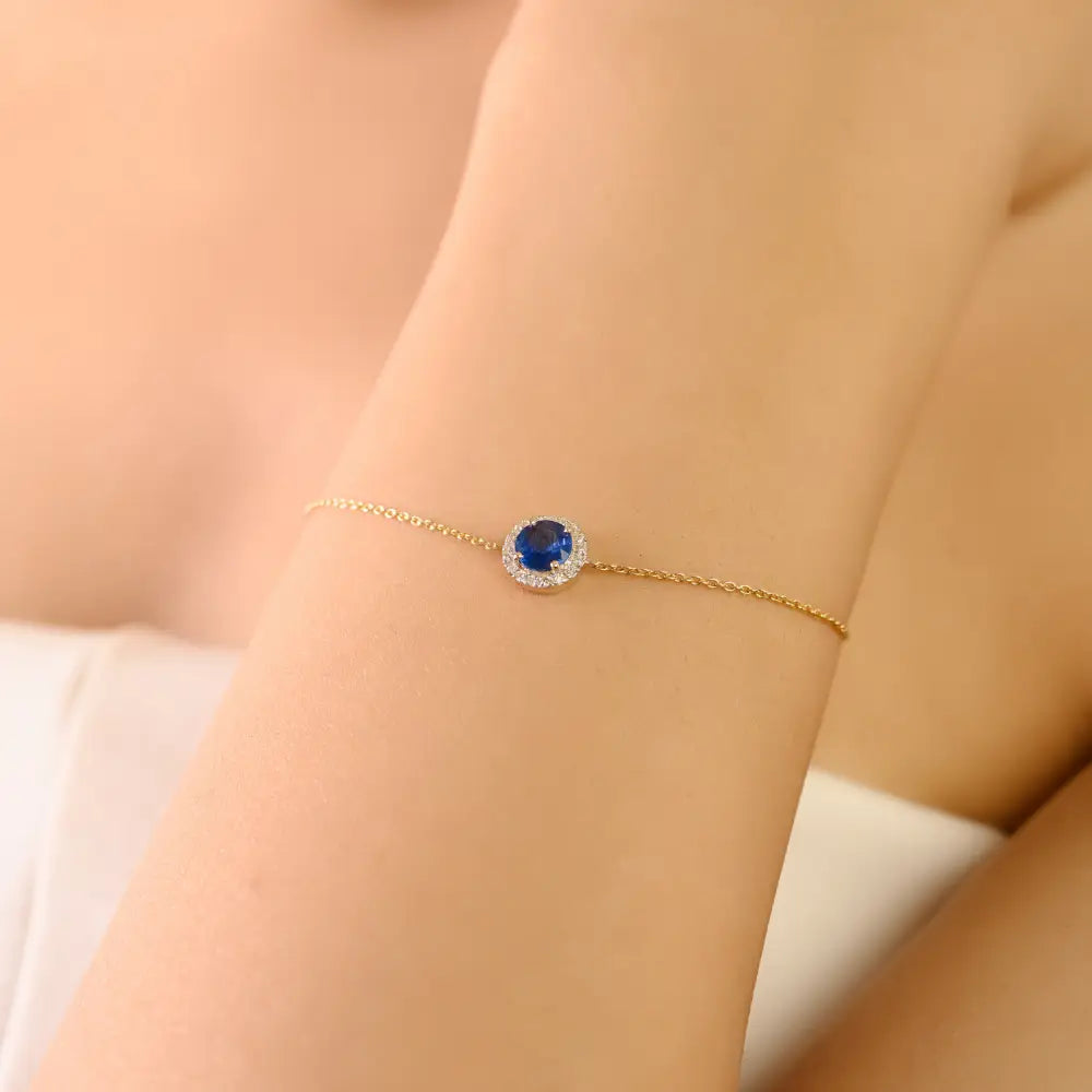 Precious Gemstone Round Cut Blue Sapphire & Diamond Halo Single Stone Bracelet 14K Gold