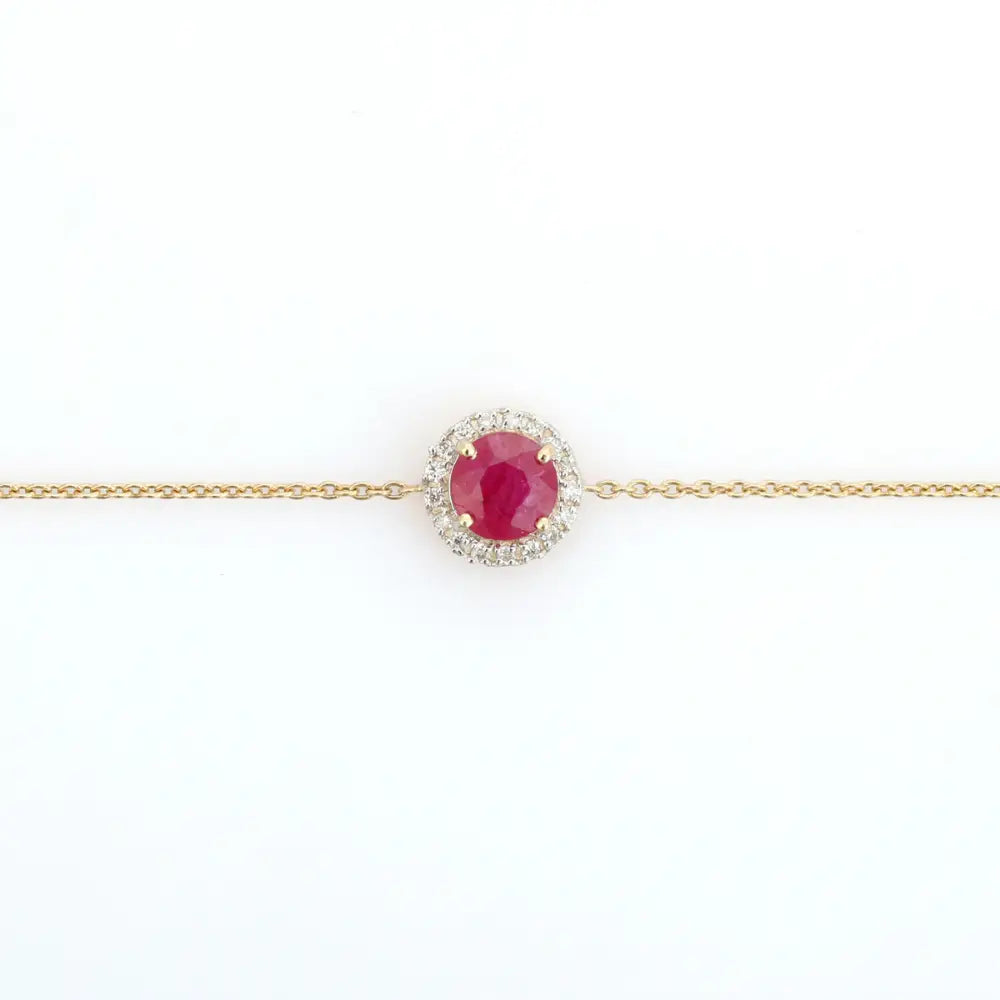 July Birthstone Ruby & Diamond 14K Real Yellow Gold Single Stone Halo Bracelet Trending Jewelry