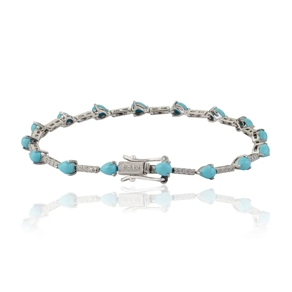 Fine Turquoise & Diamond Sleek Stacking Tennis Bracelet For Unisex 14K White Gold Jewelry