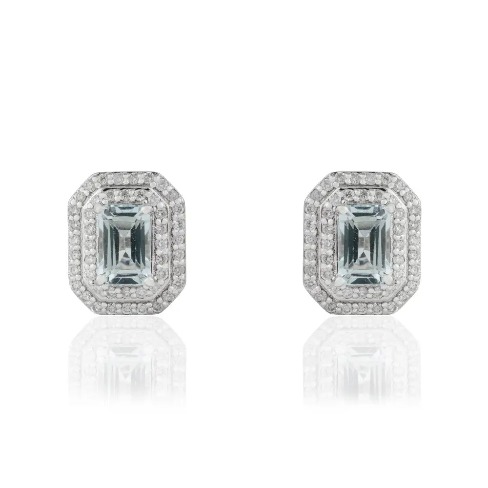 Prong Set Aquamarine & Diamond Double Cluster Stud Earrings Handmade 14K Real White Gold