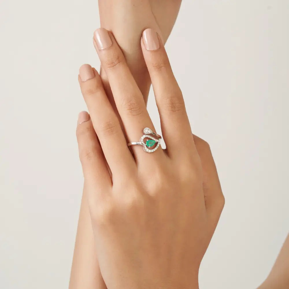 14K White Gold Pear Emerald & Diamond Halo Heart Bypass Ring Unique Design Jewelry