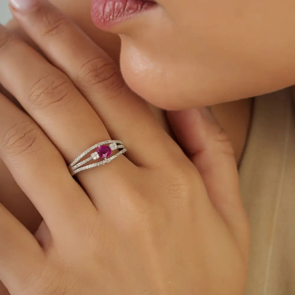 Precious Gemstone Ruby & Diamond Triple Layer Engagement Ring K14 White Gold Jewelry