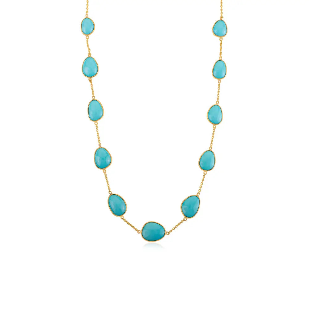Bezel Set Turquoise Gemstone Station Chain Necklace Stacking Jewelry 14K Solid Yellow Gold