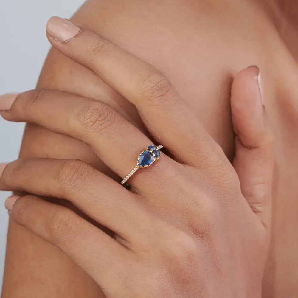 Simple Elegant Blue Sapphire & Diamond Three Stone Stacking Ring Solid 14K Yellow Gold