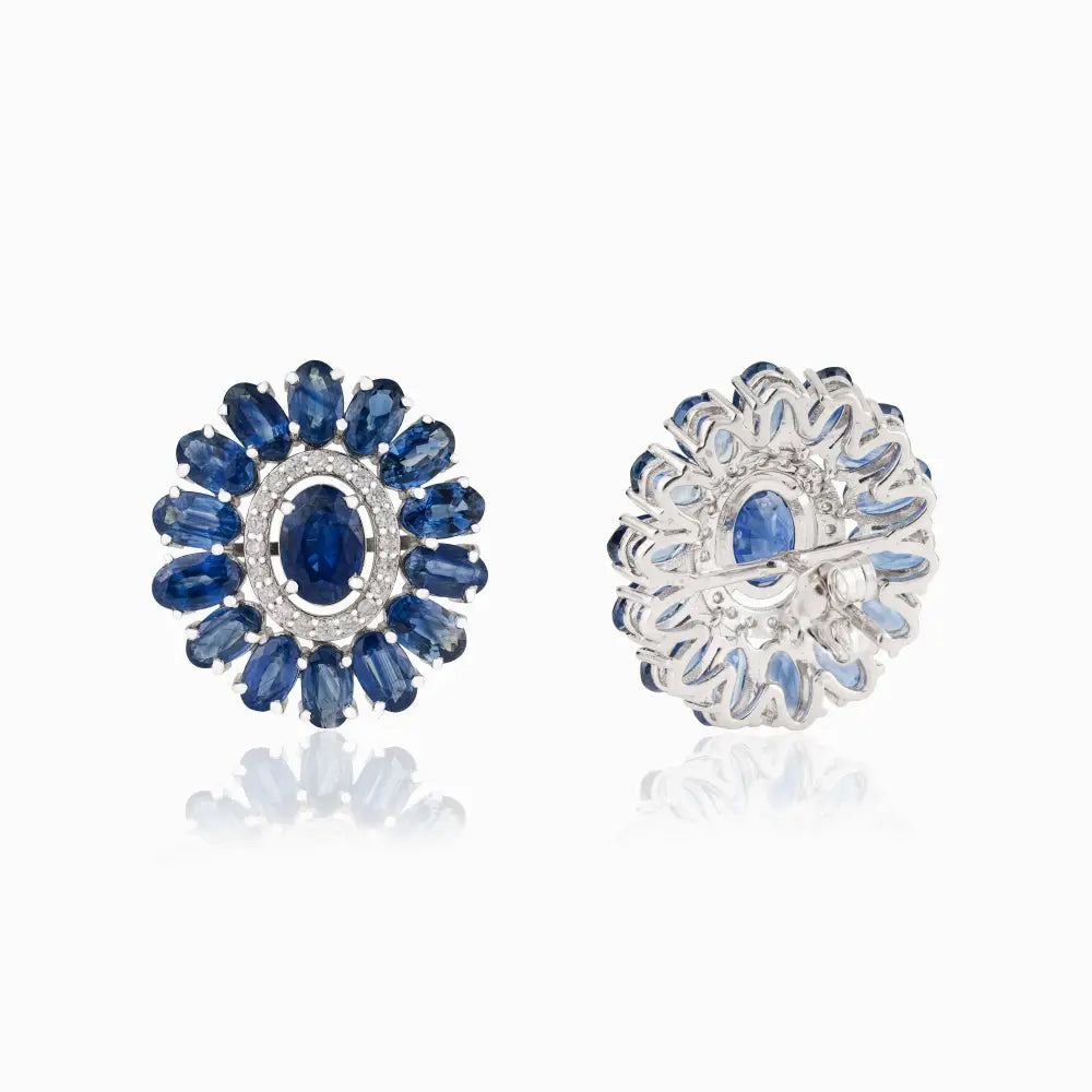 Blue Sapphire & Diamond Halo Flower Shape Stud Earrings For Wedding 14K Real White Gold