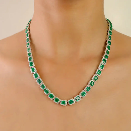 Real Gemstone Emerald & Diamond Halo Tennis Necklace K14 White Gold Statement Jewelry