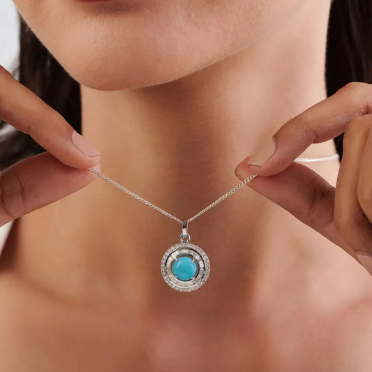 Best Seller 8mm Round Cut Turquoise & Diamond 14K Real White Gold Double Cluster Pendant