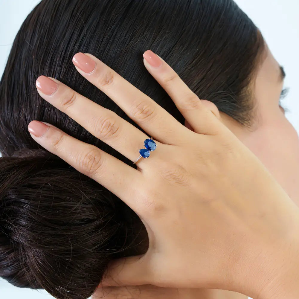 Best Selling Blue Sapphire Gemstone 14K Real White Gold Toi et Moi Ring Custom Jewelry