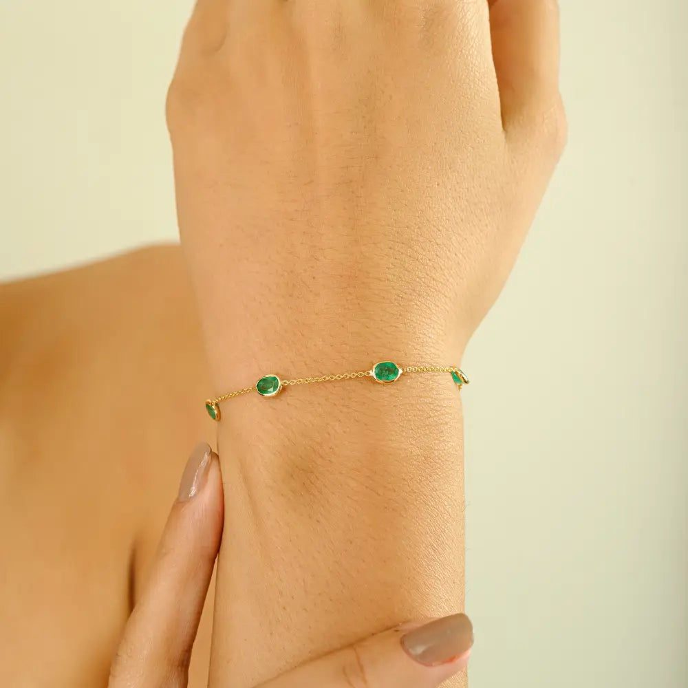 Light Weight Simple Real K14 Yellow Gold Emerald Stacking Station Chain Bracelet For Unisex