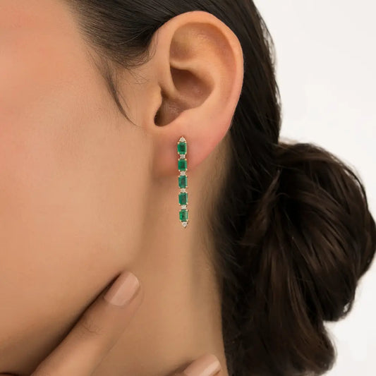 Zambian Emerald & Diamond 14K Solid Yellow Gold Dangle Earrings New Arrivals Jewelry
