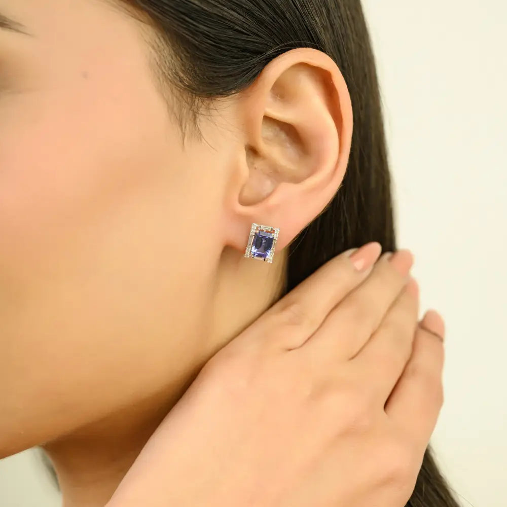 Elegant & Classic Style Tanzanite & Diamond 14K Solid White Gold Halo Stud Earrings