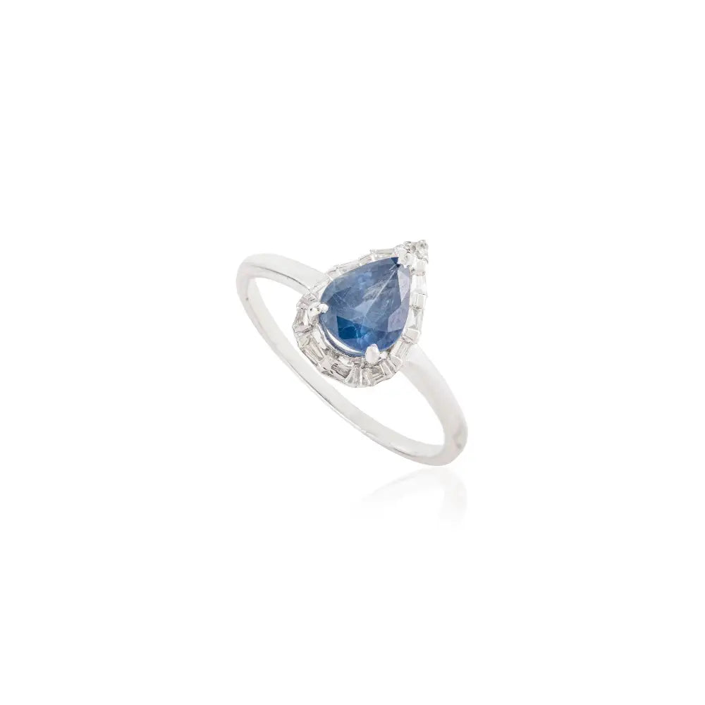 Latest Design 14K Solid White Gold Blue Sapphire & Diamond Halo Engagement Ring B2B Jewelry