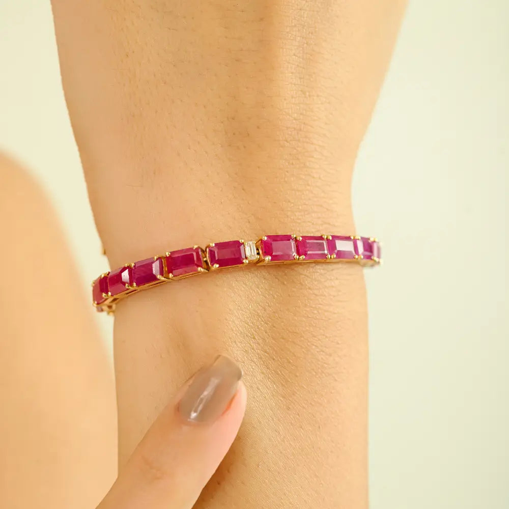 Gorgeous Fine Real Ruby & Diamond Statement Tennis Bracelet Pure 18K Yellow Gold Jewelry