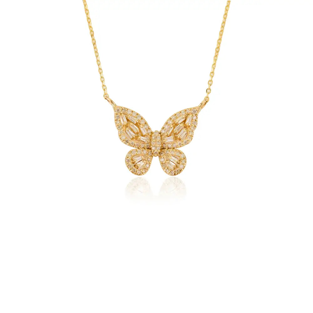 Unique Design Solid K14 Gold Natural Diamond Butterfly Pendant Necklace Handmade Jewelry