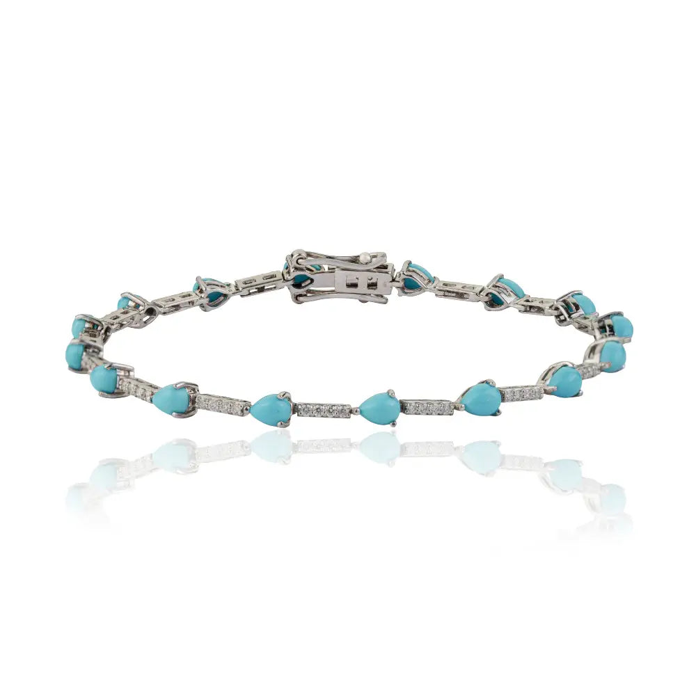 Fine Turquoise & Diamond Sleek Stacking Tennis Bracelet For Unisex 14K White Gold Jewelry