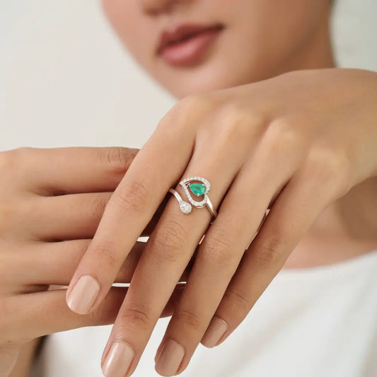 14K White Gold Pear Emerald & Diamond Halo Heart Bypass Ring Unique Design Jewelry