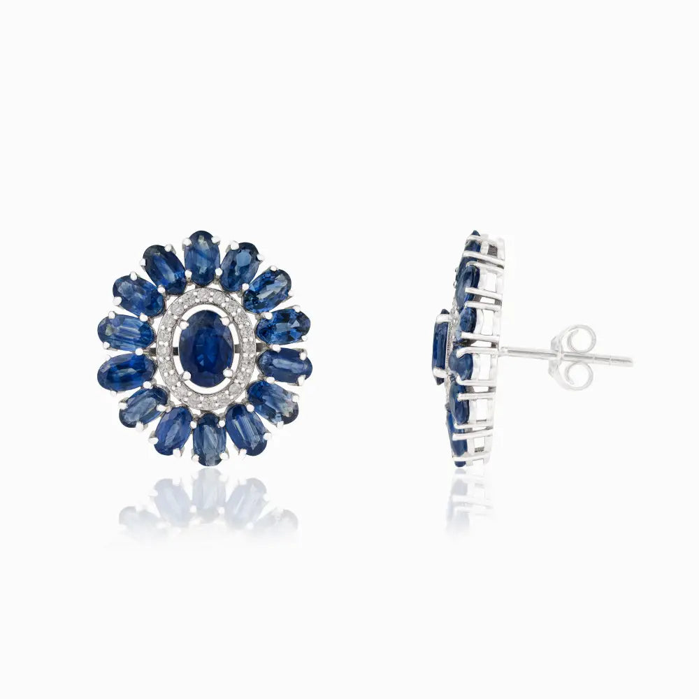 Blue Sapphire & Diamond Halo Flower Shape Stud Earrings For Wedding 14K Real White Gold
